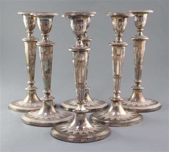 A set of six early 19th century Sheffield plated candlesticks, 30.5cm.